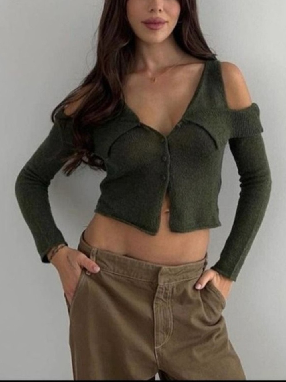 Zara Olive Green Off-Shoulder Buttoned Knit Sweater grunge alpaca cropped